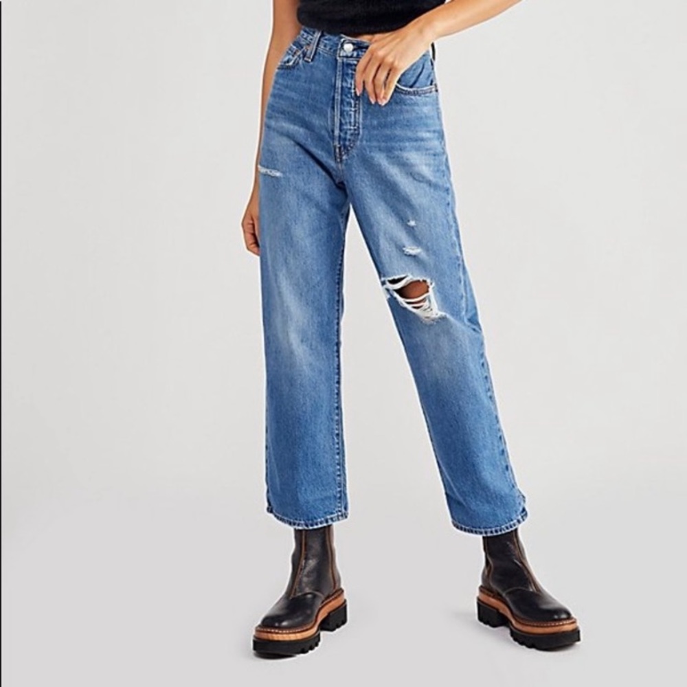 New Levi's premium Ribcage Straight Ankle Jeans denim blue distressed
